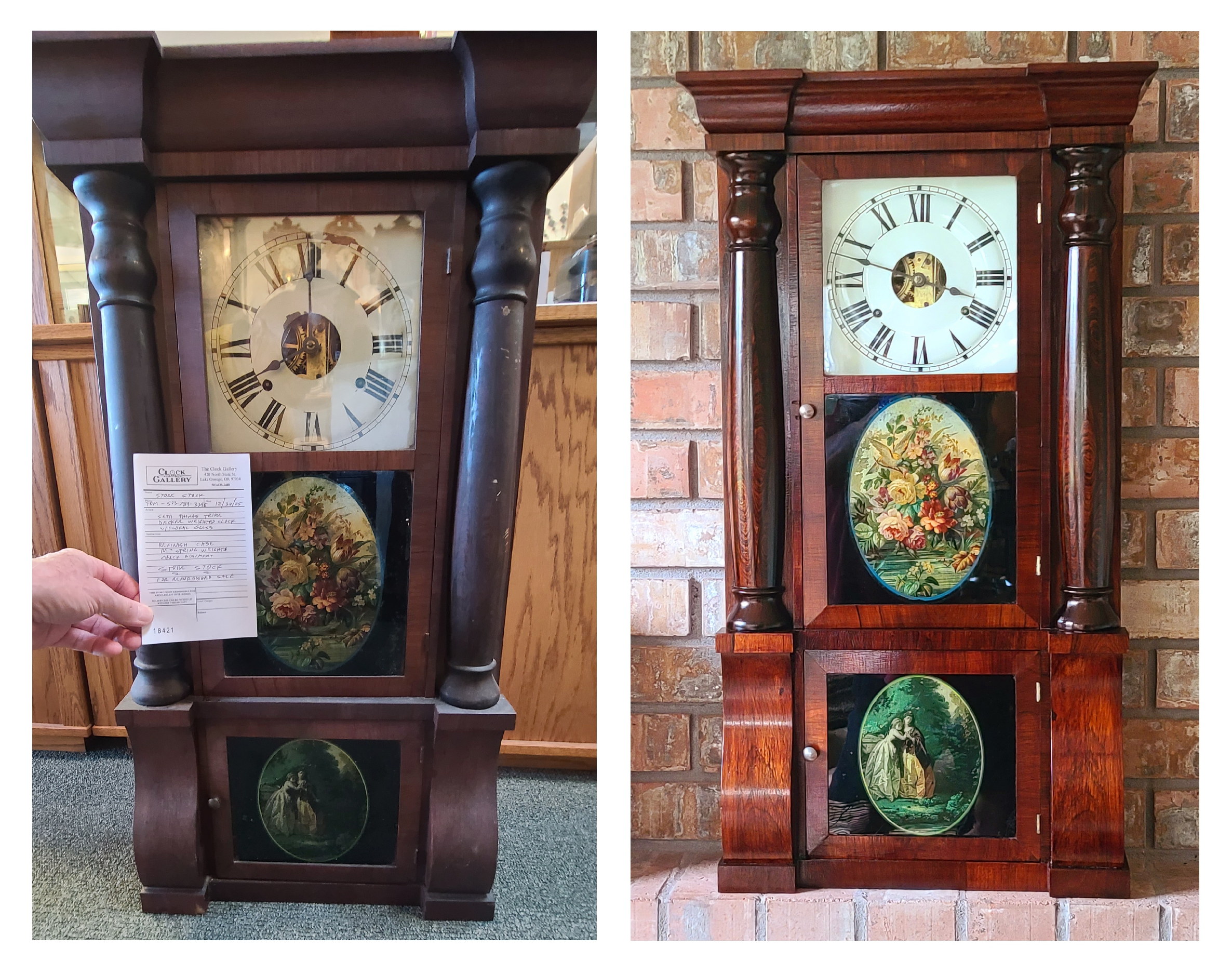 Shelf Clock With Rosewood Columns & Original Reverse Glass Paintings
