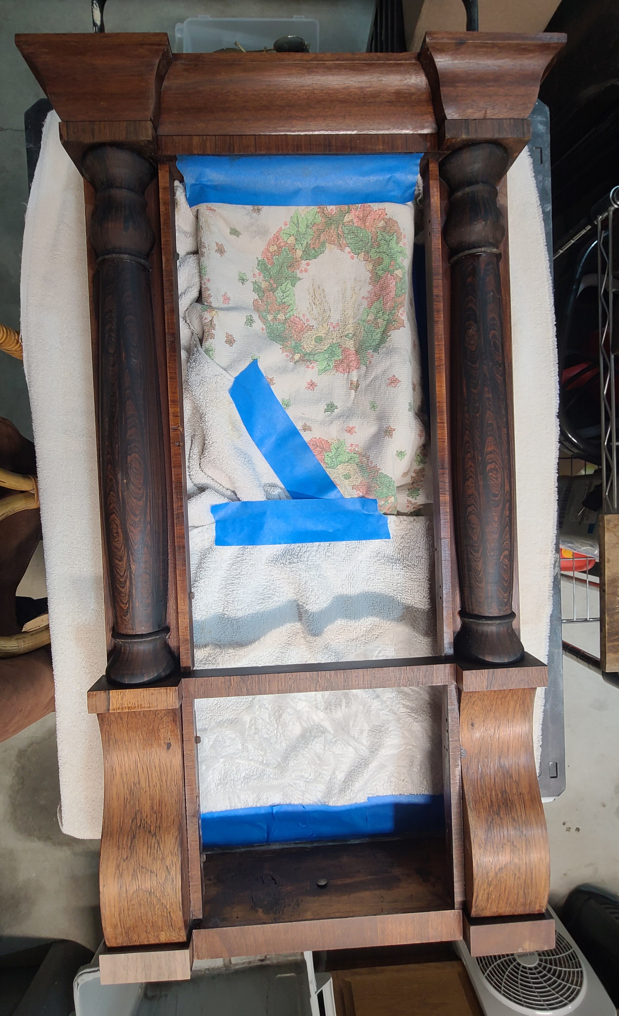 Shelf Clock With Rosewood Columns & Original Reverse Glass Paintings