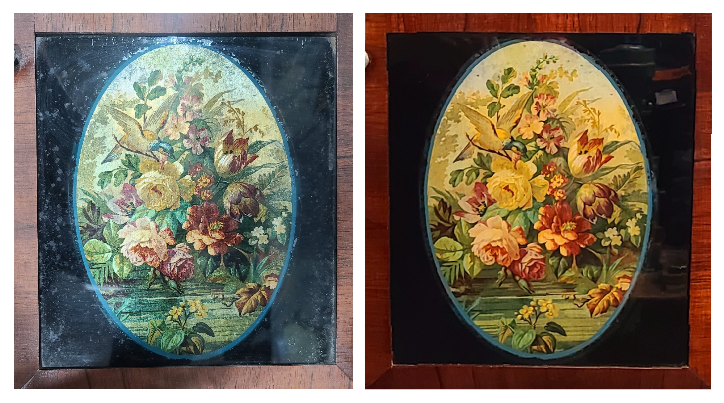 Shelf Clock With Rosewood Columns & Original Reverse Glass Paintings