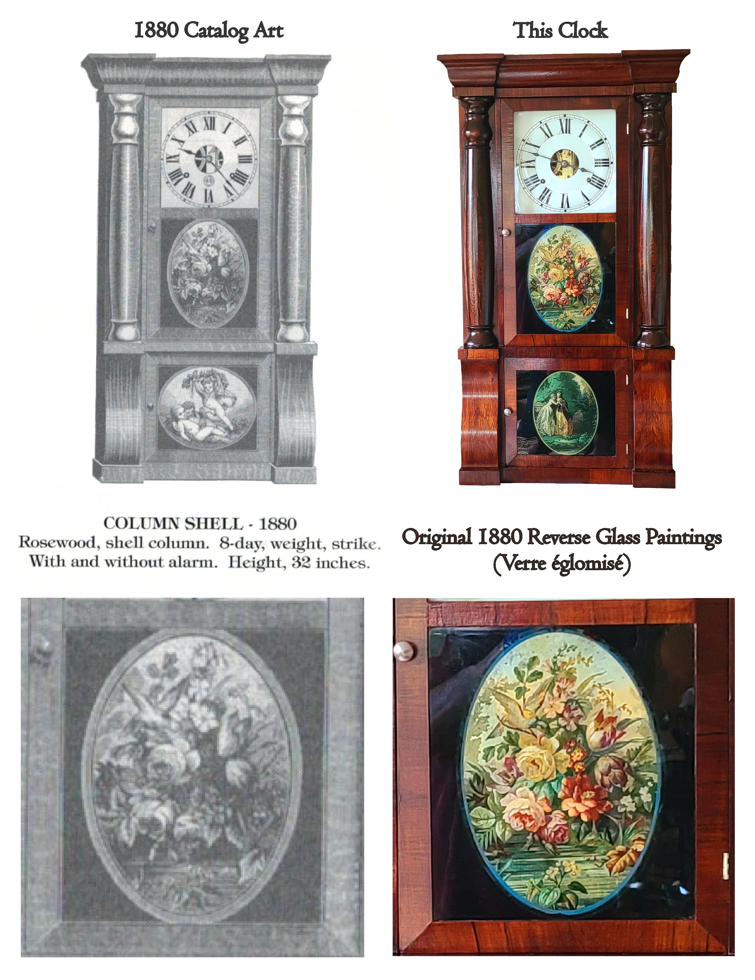 Shelf Clock With Rosewood Columns & Original Reverse Glass Paintings